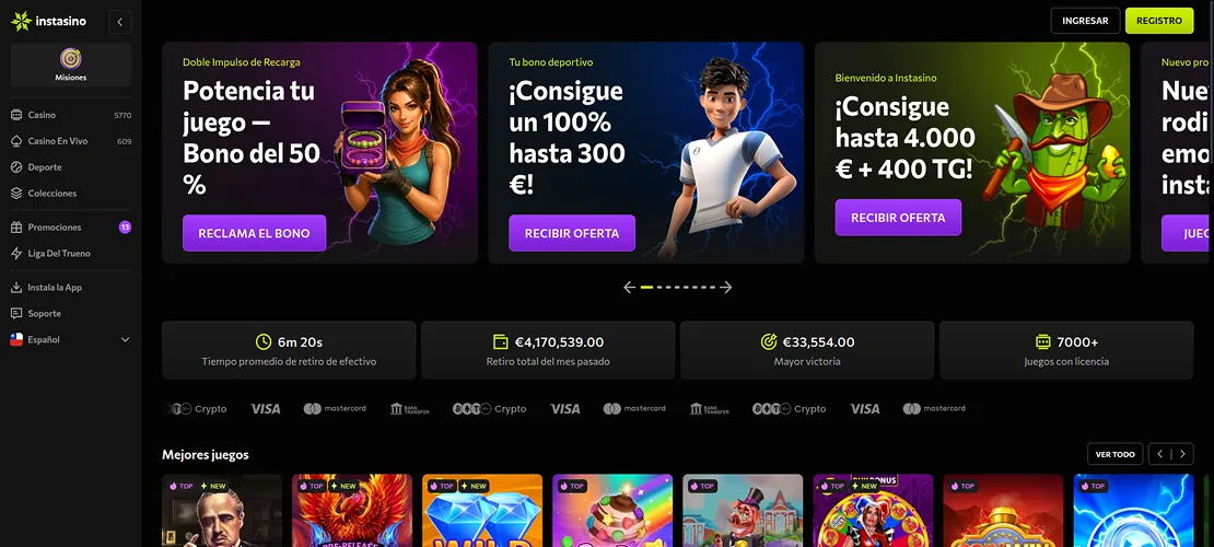 Captura de Instasino: selección de juegos y registro